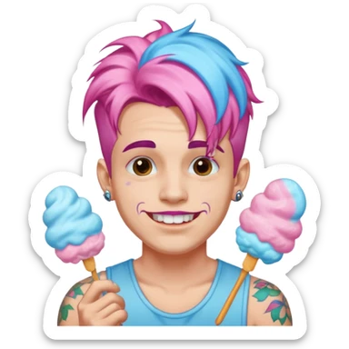 happy colorful haired man made out of cotton candy with braces and tattoos and just face not holding anything sticker