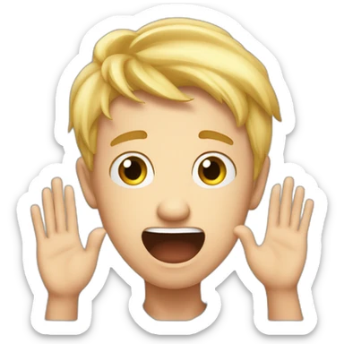 It was not me, I am innocent. Portrait of confused nervous little blond man raising palms up in surrender and staring sticker