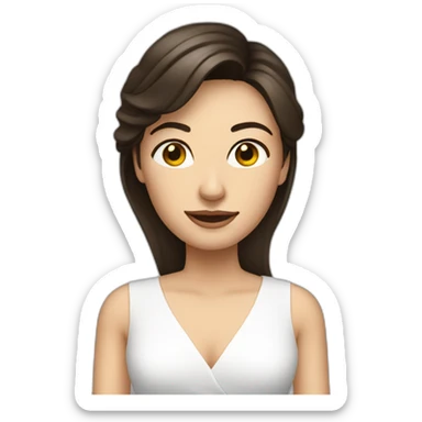 Brunette woman in a white dress talking to a camera sticker