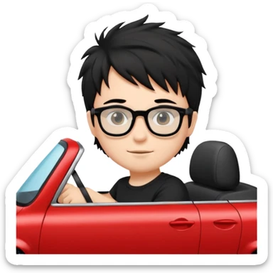 generate a pretty bratz fair skinned boy with black messy hair wearing a black tshirt driving a red car. Glasses on.  sticker