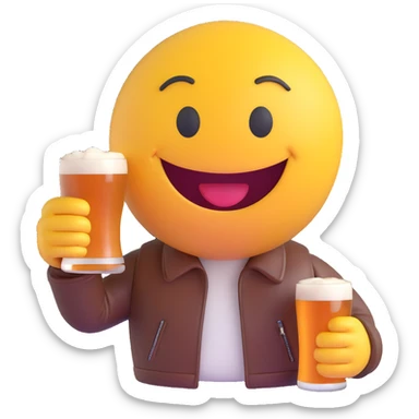 3D smiley emoji, round shape, motorcyclist with beer: holding beer mug, leather jacket, funny face sticker