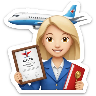 emoji student happy holding certificate IELTS 7.0, success, airplane, white background sticker