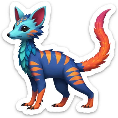 Rare realistic exotic edgy epic pretty beautiful handsome gorgeous aesthetic colorful vibrant Vernid-Trico-species-Fakemon-creature by LiLaiRa, 4 legs, 1 tail, random markings, (full body) sticker