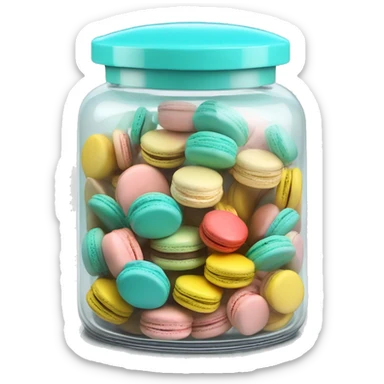 Realistic isolated glass cookie jar with tiffany blue lid and filled with colorful macarons inside of it. sticker