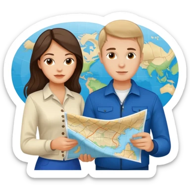 Russian young man and elegant fair-skinned Latina girl in costal outfits with a map planning  sticker