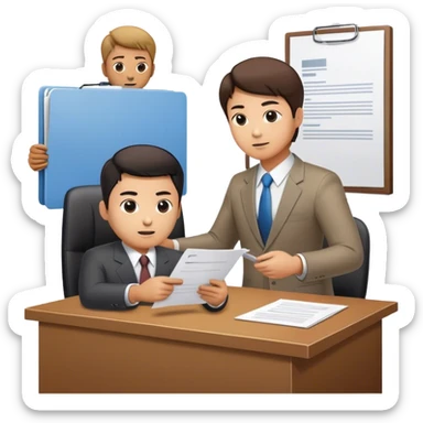 “An emoji-style illustration of a Korean man bringing a document to his boss for approval. The man is dressed in office attire, holding a document folder or papers, and approaching a superior who is seated at a desk. The boss appears authoritative, possibly reviewing or signing the document. The setting suggests a professional office environment, depicted in a minimalistic and expressive emoji-like style.” sticker
