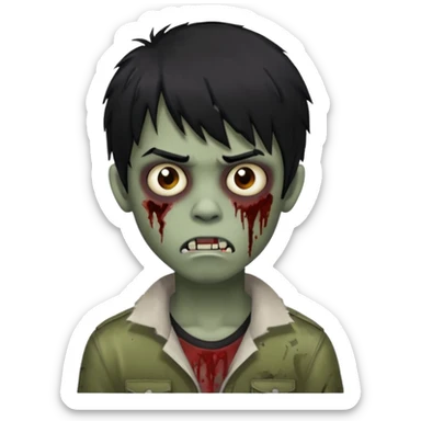 Boy, zombie, black hair, medium, bangs above the eyebrow , emo, shaggy, dark,  sticker