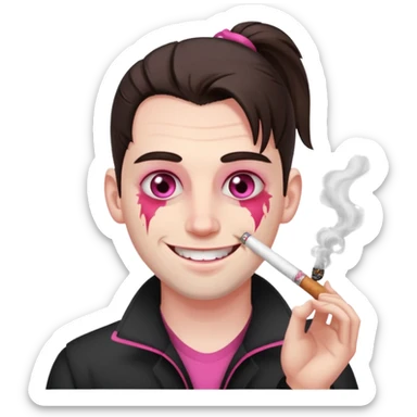 A white man with dark brown hair in a ponytail, oversized bloodshot pink eyes, grinning, smoking a long roll up sticker