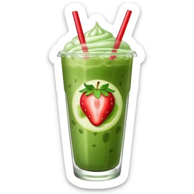 iced matcha latte with strawberry syrup at the bottom and visible ice cubes, apple emoji style sticker