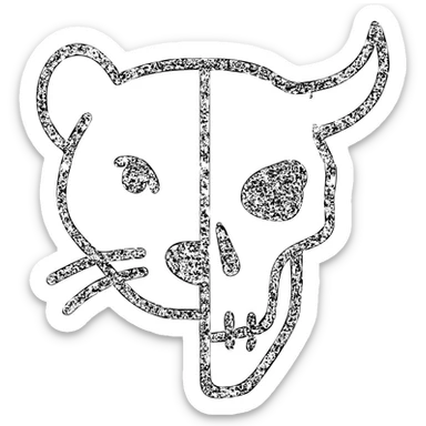 a highly minimalist red icon showing half stoat face merged with half minotaur skull with broken horn, outline deliberately incomplete with missing sections, weathered and aged appearance, parts faded away, extremely simplified but recognizable, completely red sticker