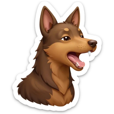 Cinematic Cute Yawning Brown and Tan Kelpie Portrait Emoji, Head tilted slightly with a dramatic, wide-open yawn, showcasing a smooth brown Fur with distinct tan highlights, floppy ears slightly drooping, round warm eyes barely open in drowsy contentment, Simplified yet irresistibly adorable features, highly detailed, glowing with a soft, cozy glow, high shine, relaxed yet expressive, stylized with a touch of whimsy, bright and endearing, soft glowing outline, capturing the essence of a sleepy yet affectionate herder, so drowsy it feels like it could stretch out of the screen and curl up for a nap! sticker