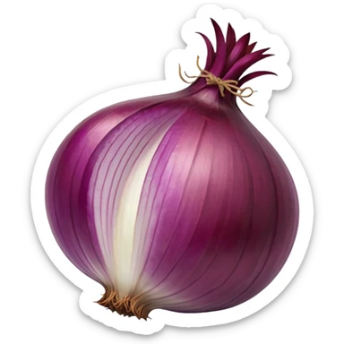 whole red onion, unpeeled, shiny purplish-red skin, dried stem on top, dry root strands at base, no face, no cut sticker