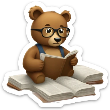 “Bear sitting in a library wearing glasses reading a newspaper sticker