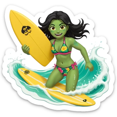 ork female holding small yellow bodyboard, running through shallow turquoise waves, muscular green body, bright floral bikini, fierce joyful grin showing tusks, long wet dark hair splashing, foam and spray, minimalist beach and ocean background, centered emoji, vibrant summer colors, sticker style sticker