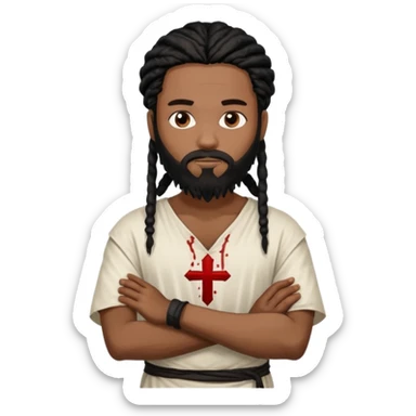 African American man with shoulder length black dreadlocks with black beard wearing a white blood stained white tunic with arms folded together across chest sticker