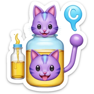 Smiling bottle of oil light purple top and light blue sticking tongue out and with cat ears sticker