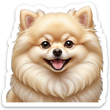 Cinematic Comical Cream Pomeranian Portrait Emoji, Head tilted dramatically with an exaggeratedly shocked or amused expression, featuring a glossy, fluffy cream Fur with a radiant sheen, wide, expressive dark eyes filled with playful disbelief, Simplified yet hilariously expressive features, highly detailed, glowing with a slightly sassy glow, high shine, dramatic yet playful, stylized with an air of cheeky mischief, bright and endearing, soft glowing outline, capturing the essence of a spirited and over-the-top companion, so meme-worthy it feels like it could side-eye its way into internet fame instantly! sticker