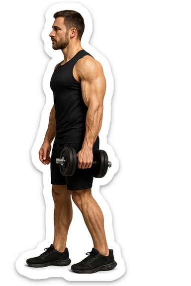 uomo fitness di profilo a figura intera con manubrio da palestra in mano, iperrealistico 4k sticker