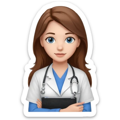 university classroom that says nursing school on the blackboard with a pretty female nursing student with long brown hair, blue eyes sticker