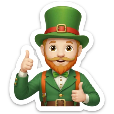 leprechaun looking up, and giving a thumbs up. on his left hand, he is holding his waist. change the hat band with orange band and a red belt. change the facial hair to white. on his mouth, he is smoking a red pipe. the pipe is on his lip. sticker