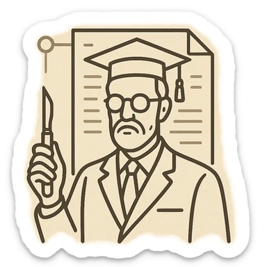 minimal elegant icon of a scholarly professor in classic academia style, dignified and not teaching, with a scalpel, set against a document background blending vintage academic motifs and subtle AI interface elements, refined cultured color scheme, technical and precise sticker