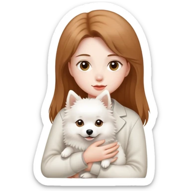light brown hair girl with pale skin holding a white Japanese spitz dog sticker