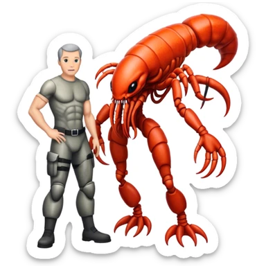 xenomorph alien in lobster skin in man legs, big head sticker