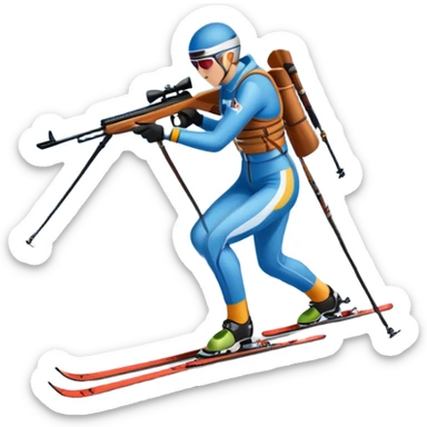 An icon featuring a biathlete in motion, holding a rifle and skiing across a snowy course. The backdrop includes snow-covered trees, distant mountains, and a clear blue sky. Transparent background highlights the precision, endurance, and excitement of biathlon. sticker