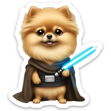 Pomeranian dressed as Luke Skywalker holding a lightsaber sticker