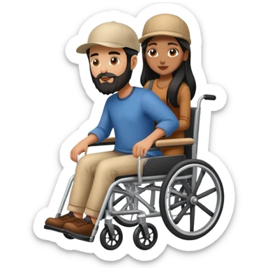 Beige skin man with a beard and cap in a wheelchair and a brown skin woman with long black hair in a wheelchair  sticker