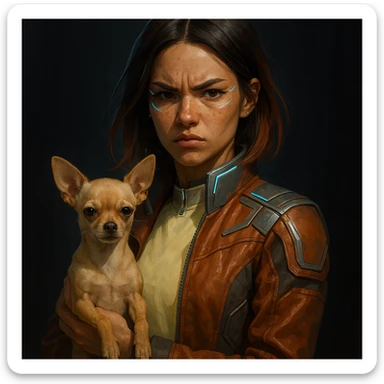 Futuristic style woman with tanned skin, freckles, rebellious expression, pale yellow shirt (#FFF8CA), rust jacket, mid-length brown hair with auburn highlights, holding a beige-brown chihuahua, dark background. sticker