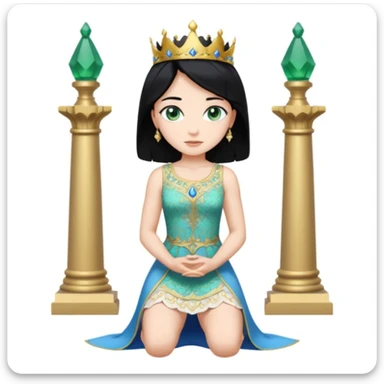 King, standing, black Hair, blue eyes, female Servoamt, blonde, green eyes, shott white sleveless Dress, kneeling, background palace sticker