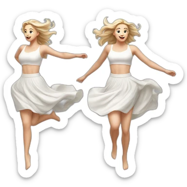 Hyperrealistic Full body Caucasian curvy beauty jumping white skirt back and front views strong wind sticker