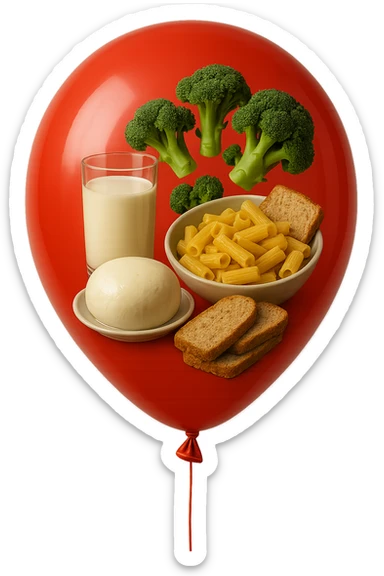 PALLONCINO ROSSO CON DENTRO UNA MOZZARELLA, UN BICCHIERE DI LATTE, UNA BOWL DI PASTA, QUALCHE BROCCOLO, QUALCHE FETTINA DI PANE sticker