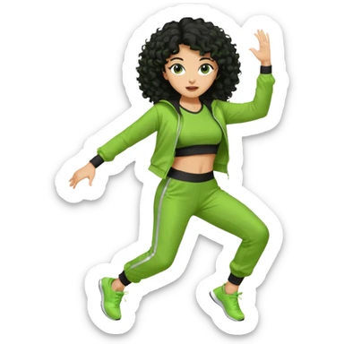 a woman with olive skin tone and curly black hair wearing green and dancing. full body, disco pose. running outfit sticker