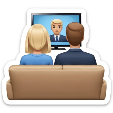 A man and a women photographed from behind, sitting on a sofa and watching the news on TV on a modern flat screen. The setting is a living room. sticker