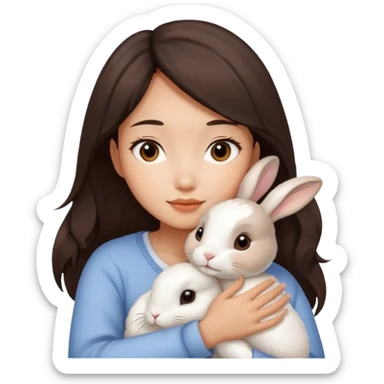 A young Asian woman with dark brown, almost Asian girl with dark brown hair, brown eyes, light Asian skin, hugging a white rabbit with light brown spots, soft and warm atmosphere.
  sticker