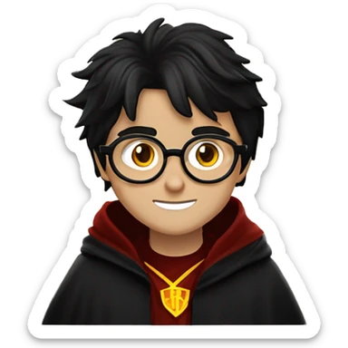 Create an emoji of a young wizard Harry Potter with round glasses, messy black hair, and a lightning-shaped scar on his forehead. He should have bright green eyes and be wearing a black robe with a red and gold Gryffindor scarf sticker