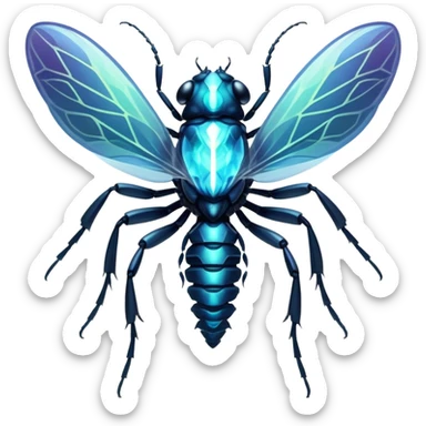A bioluminescent insectoid with crystalline exoskeleton segments that refract light into dazzling patterns, sharp teeth, capable of phasing through solid objects when exposed to moonlight. sticker