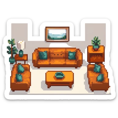 escenary 3d of a cozy mid-century living room with two people working on laptops, one man standing at a desk, and one woman sitting on a couch sticker