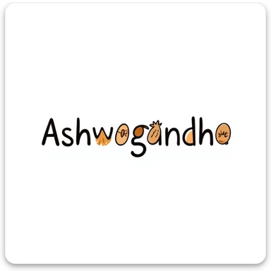 The word "Ashwagandha" hand-drawn in a warm earthy color palette with browns, oranges, and subtle greens. Simple doodle style with minimal decoration. sticker