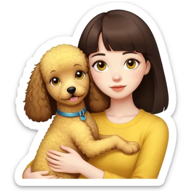 Girl with pale skin and brown eyes and straight dark brown hair with bangs hugs a yellow poodle sticker