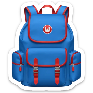 blue backpack with two diveded logo (leftside white, right side red) at the bottom pocket

 sticker
