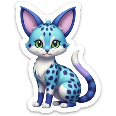 Exotic tropical shiny cute realistic Cobalt-Blue green purple black white Purloin-Meowstic-Minccino-Cinccino-cheetah-Skitty-Delcatty-serval-furret-Noibat-caracal-fusion-hybrid-creature (full body) sticker