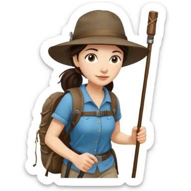 White women, long dark brown hair in ponytail with wide brim hiking hat. Walking with backpack and trekking poles.  She is a pilgrim on the Camino Frances on her way to Santiago de Compostela sticker