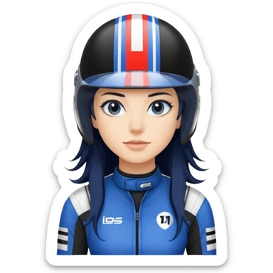 dark blue long hair woman with black racing outfit with blue strips sticker