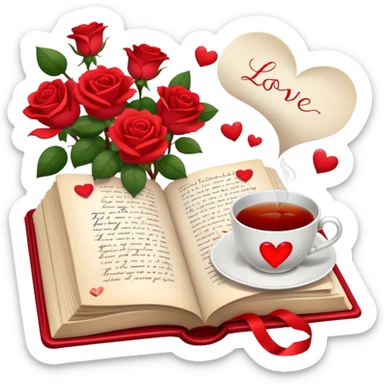 Icon for Romance Reading: an open book with a heart-shaped bookmark, surrounded by roses, a love letter, and a cup of tea, with small hearts and Cupid with bow and arrows flying out of the pages. Transparent background. sticker