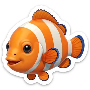 Full body of a clownfish with bright orange and white striped body, small fins, rounded tail, big black eyes, smiling expression, cartoon style, floating in water, front-facing sticker