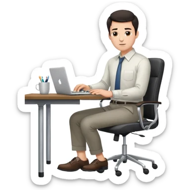 Rich man sitting on a office chair, working at desk, looking to laptop in shirt, dark hair, he is german very beautiful looks like, full body view sticker