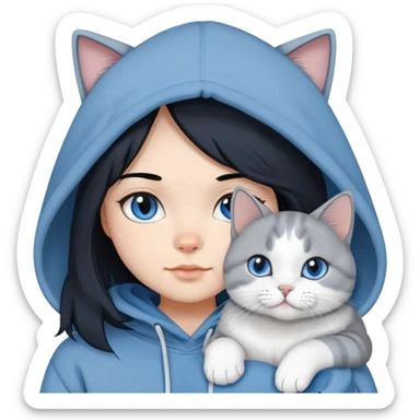 Girl with black hair in gray hoodie with a British shorthair blue and white cat and a long-haired blue and white cat sticker